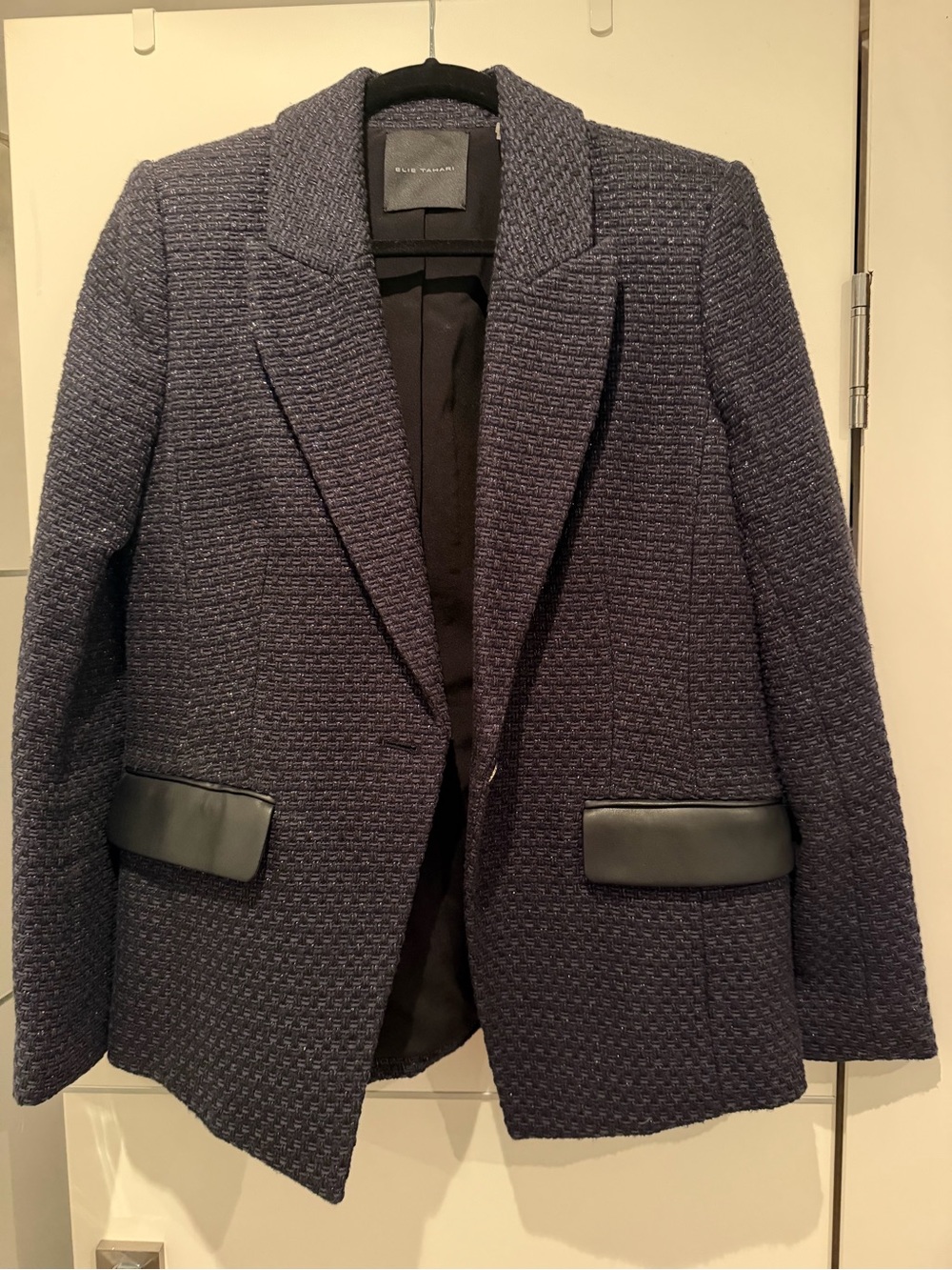 Elie Tahari Navy Textured Blazer with Black Trim